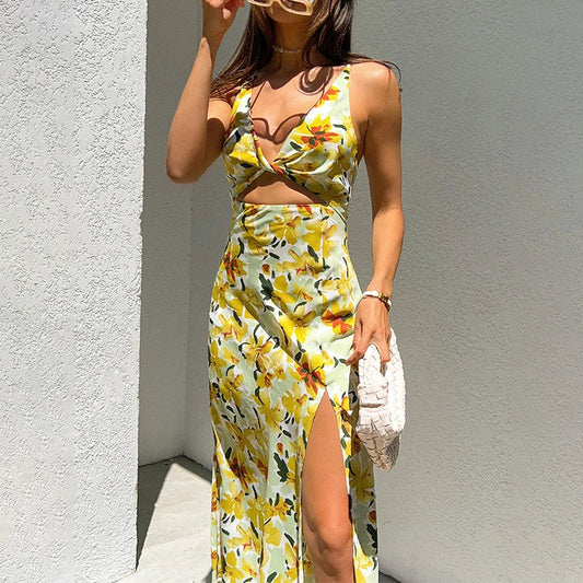 Chic Yellow Flowers Print Twist Knot Cutout Midi Floral Dress