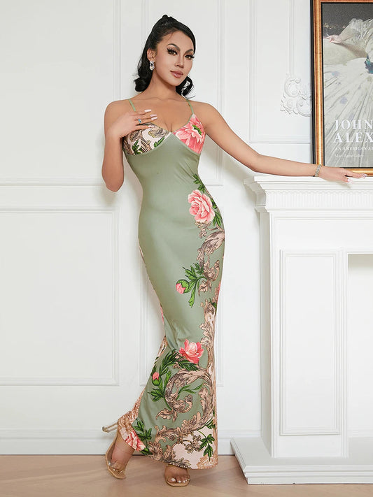 Elegant Floral Spaghetti Strap Backless Floral Dress