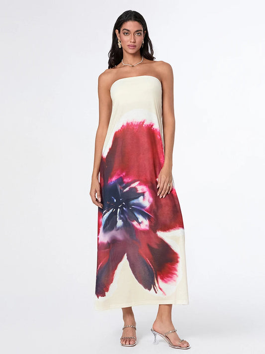 Elegant Floral Strapless Loose Fit Floral Dress