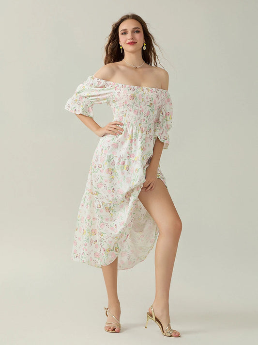 Elegant Off-Shoulder Party Half Sleeve Square Neck A-line Floral Dress