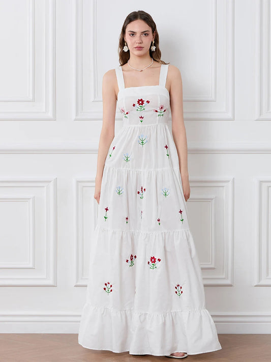 Embroidered Flower Ruched Tiered Slip Floral Dress