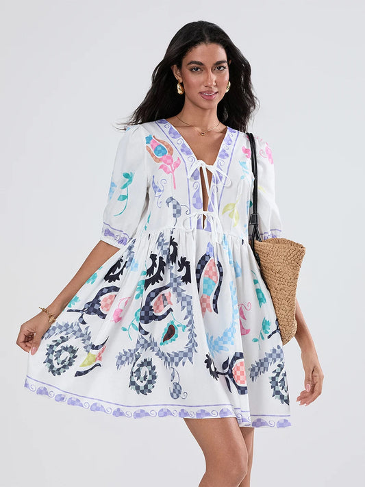 Puff Sleeve Tie-up A-Line Mini Floral Dress