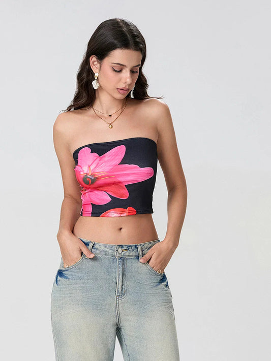 Floral Print Backless Strapless Cropped Tube Top Bandeau