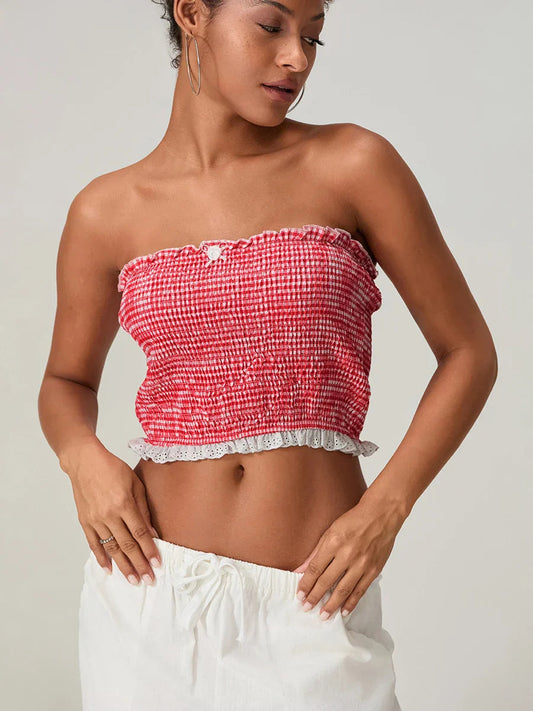 Bow Lace Smocked Strapless Backless Crop Bandeau Top
