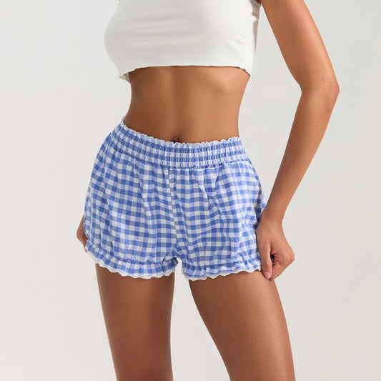Plaid Lace Trim Elastic Waist Short