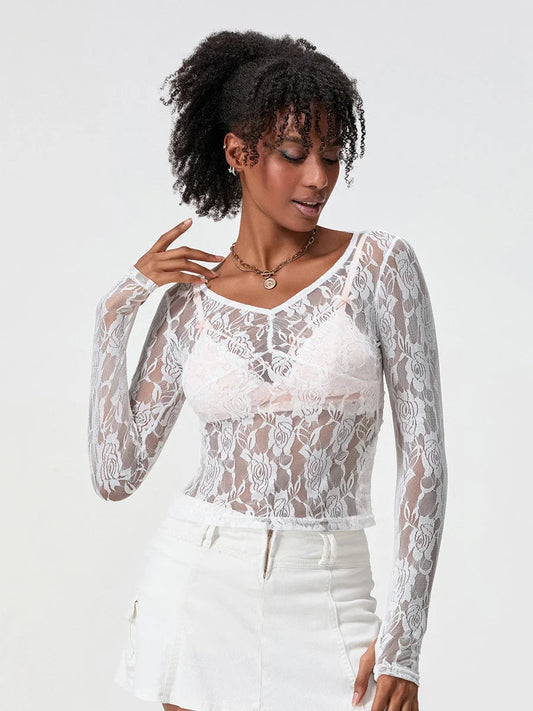 Sheer Lace Long Sleeve V-neck Mesh Crop T-shirt