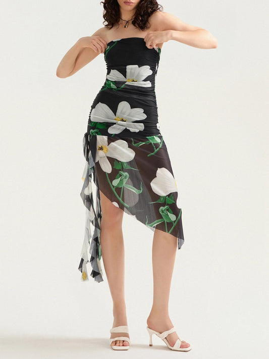 Sexy Strapless Ruffle Tassel Mini Floral Dress