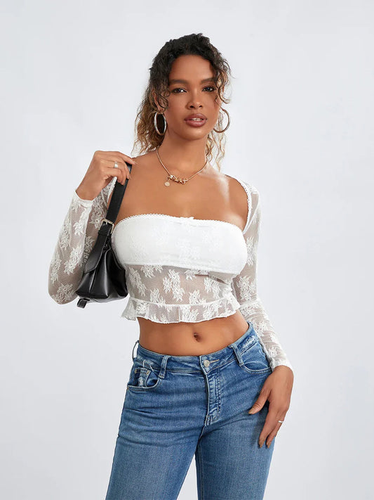 Lace Shrug Two-piece Floral Sheer Mesh Crop Outfit