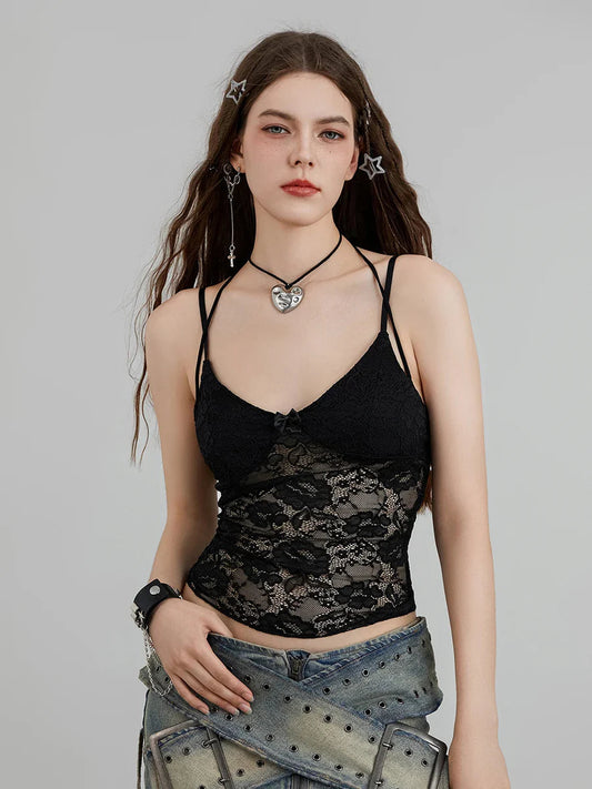 Sheer Lace Floral Halter Tie-up Nightclub Camisole Top