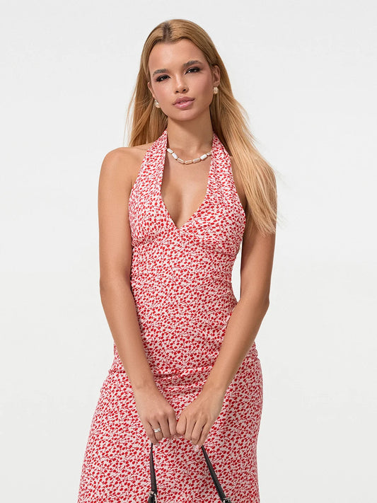 Summer Floral Backless Tie-Up Halter Neck Midi Party Floral Dress