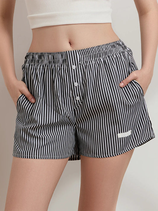 Striped Button Wide Leg Lounge Short