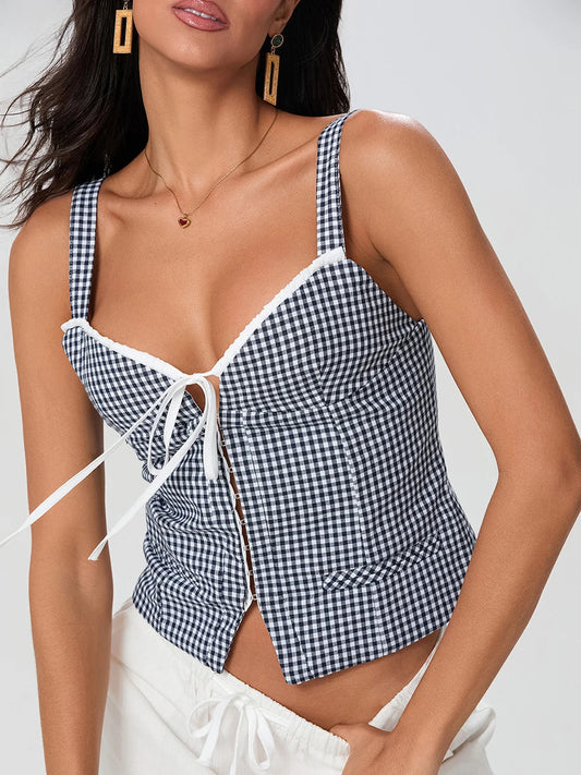 Plaid Print Backless Sleeveless Low Cut Tied Crop Vest