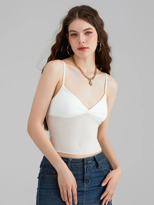 Sheer Mesh Backless Spaghetti Strap V-neck Crop Top