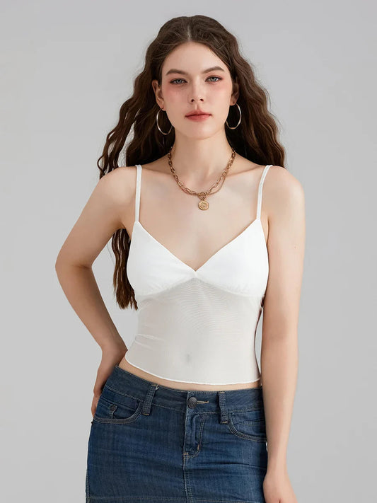 Sheer Mesh Backless Spaghetti Strap V-neck Crop Top