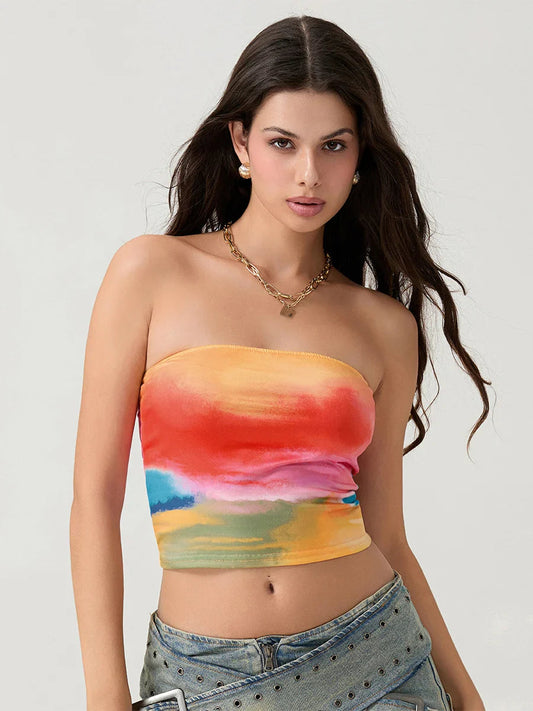 Tie-dyed Wrap Strapless Sleeveless Off-shoulder Tube Top