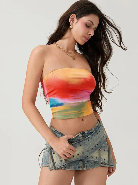 Tie-dyed Wrap Strapless Sleeveless Off-shoulder Tube Top