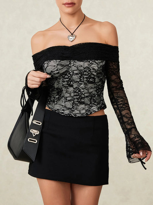 Black Lace Floral Sheer Off-shoulder Slim Corset Top