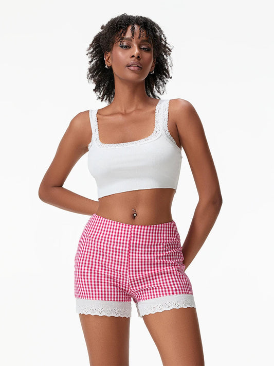 Plaid Lace Crochet Hem Short