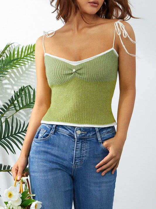 Wool Knitted Contrast Tie-up Spaghetti Strap 90s Crop Top