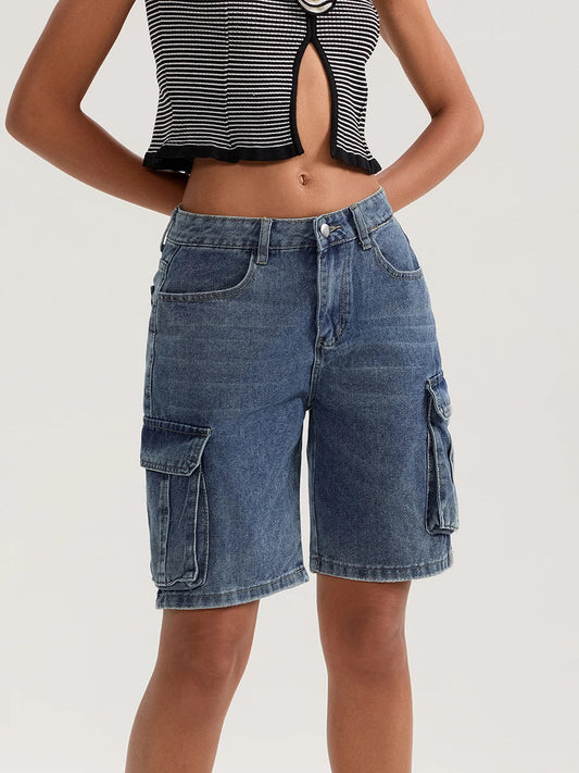 Solid Mid Rise Button Denim Short