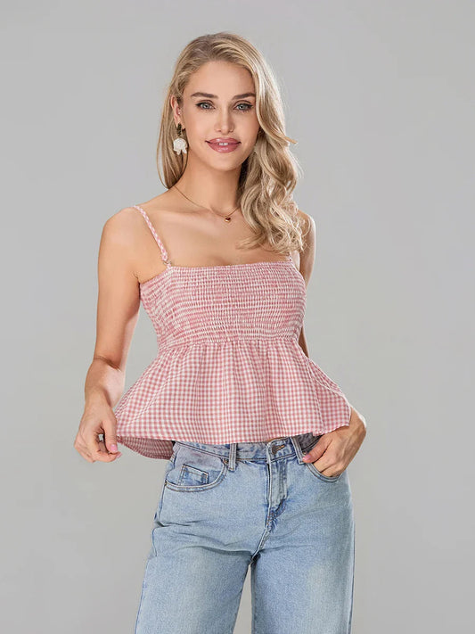 Plaid Smocked Backless Spaghetti Strap Frill Hem Crop Top