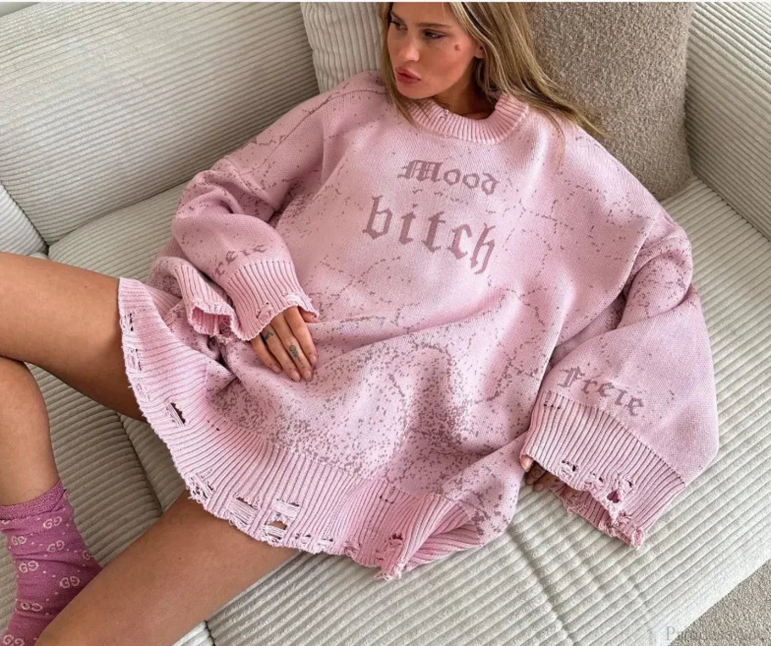 Y2K Baggy Ripped Knit Sweater light pink / One Size