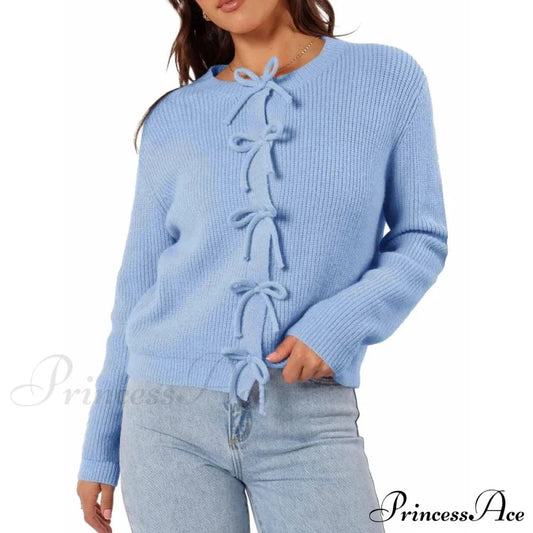 Y2K Bow Front Round Neck Cardigan