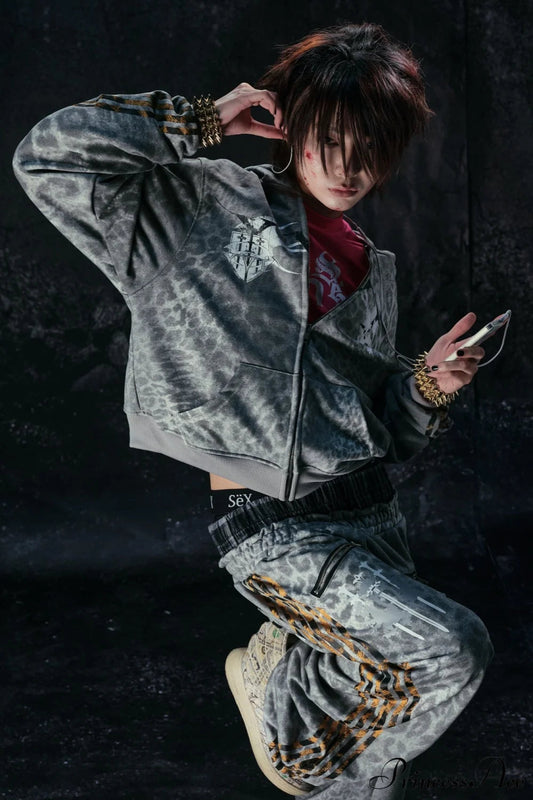 Y2K Leopard Striped Street Zip Hoodie