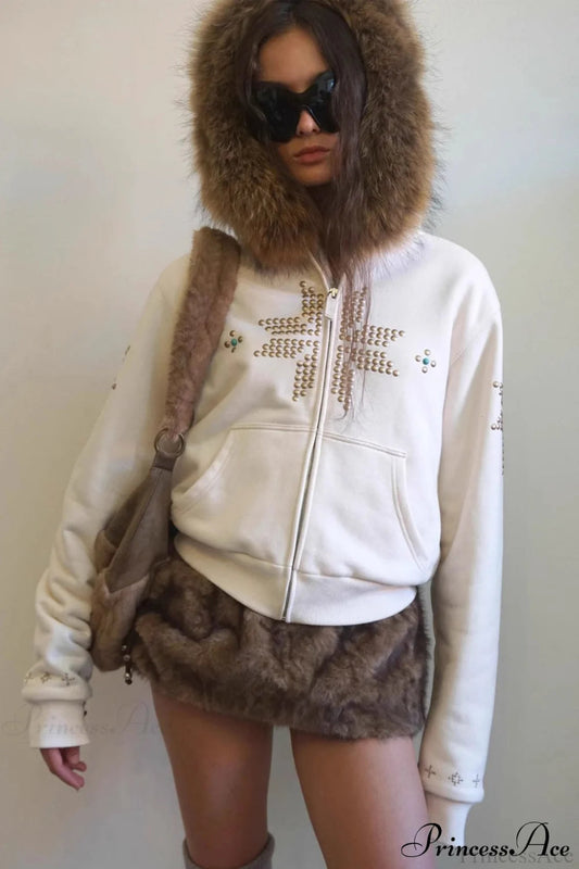 Y2K Sherpa Collar Rhinestone Zip-Front Waist-Cinched Hoodie