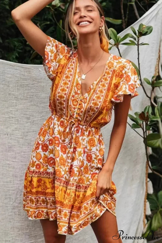 Yellow Floral Lace-up Rayon Boho Dress